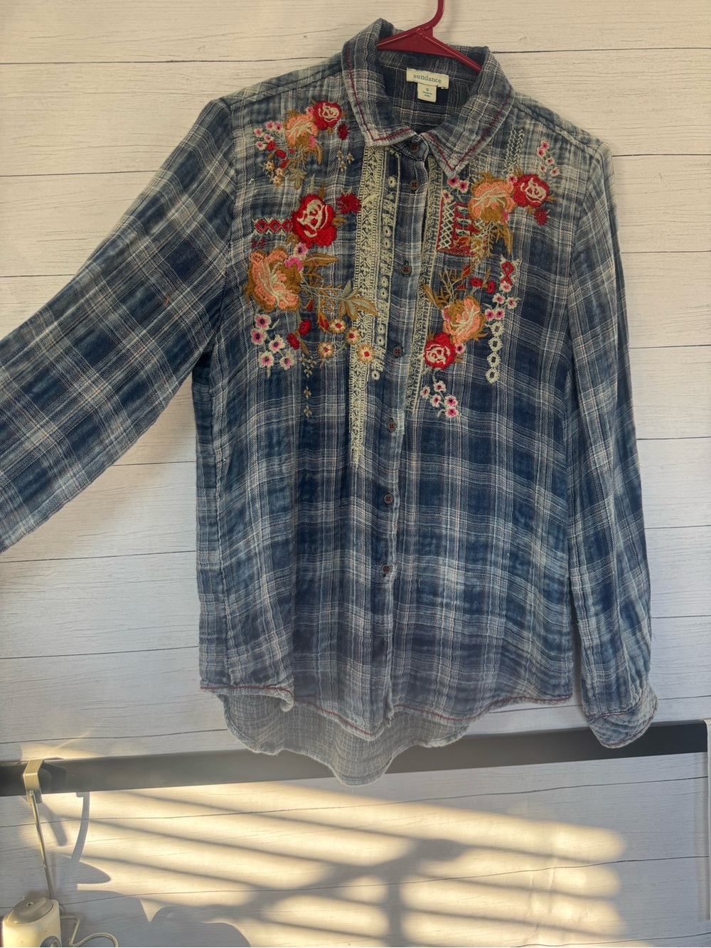 Sundance Embroidered Floral Plaid Button Down Tunic Top Blue Small Gauze Lagen - Picture 3 of 15